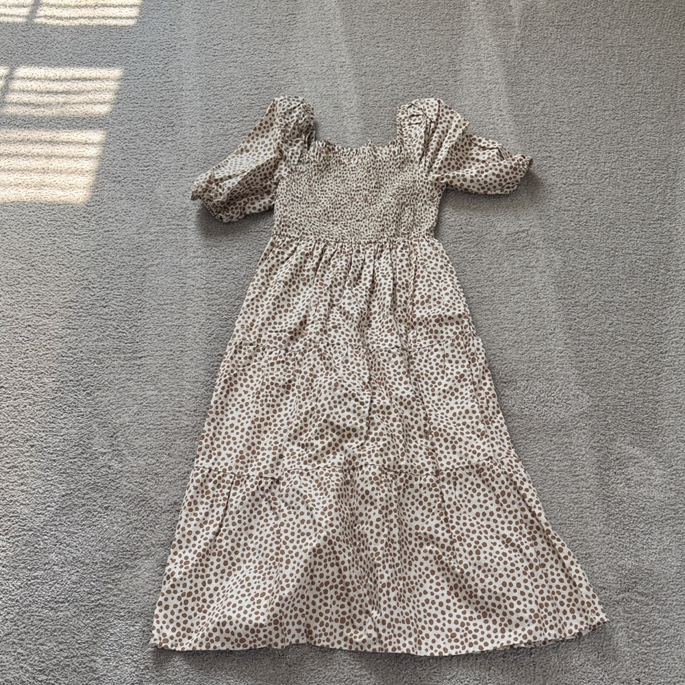 Smocked Puff Sleeve Midi Dress in Cream with Brown Dot Print